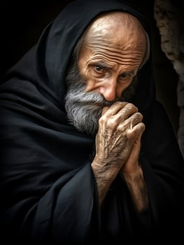 A priest prays earnestly in dark attire during a quiet moment of reflection in a sacred space photo