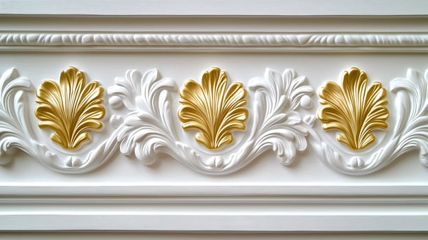 Rococo white and gold floral relief decor adorning a wall in an elegant interior space photo