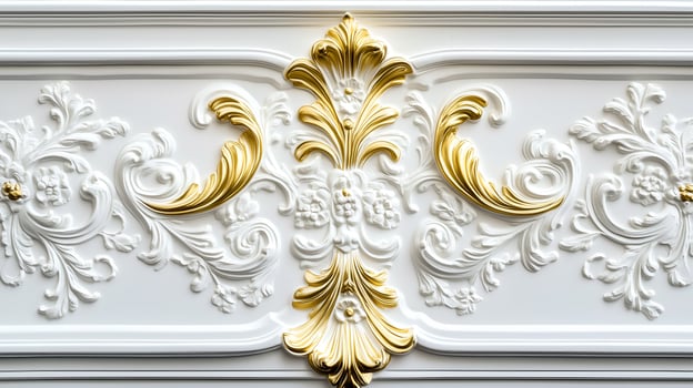 Elegant Rococo white and gold floral relief design on interior wall paneling photo