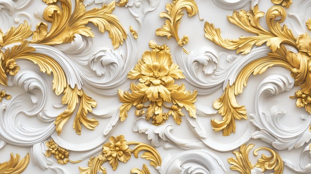 Luxurious Rococo white and gold floral relief design on a decorative wall surface photo