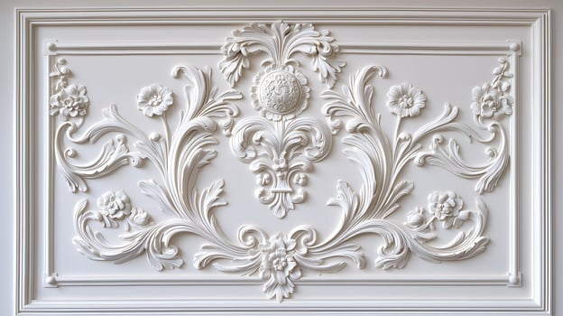 Elegant Rococo floral relief design in white and gold adorns a classic interior space photo