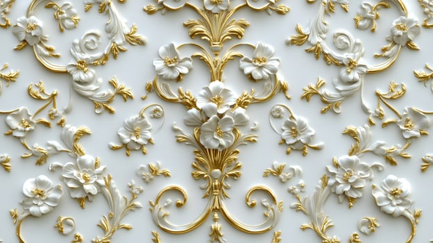 Intricate Rococo floral relief design in white and gold enhancing a luxurious interior space photo