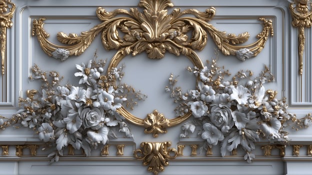 Elegant Rococo floral relief in white and gold, showcasing intricate craftsmanship and design photo