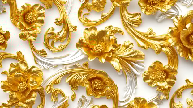 Intricate Rococo floral relief in elegant white and gold design for a luxurious aesthetic photo