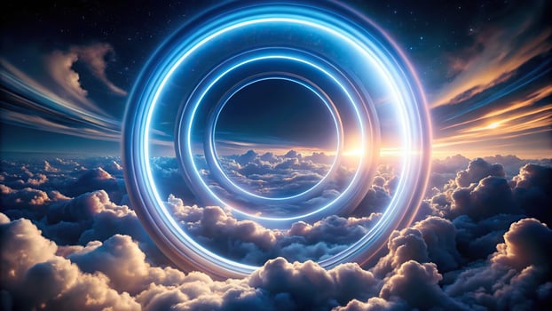 abstract neon light rings illuminated on dark night sky background photo