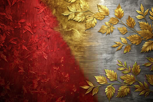 Abstract metal background with bird eye view perspective in red gold and gray colors, featuring textured brushstrokes, gold leaf, and golden leaves photo