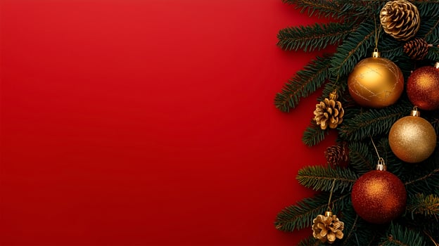 Festive Christmas backdrop with ornaments and pine cones, perfect for personalization photo
