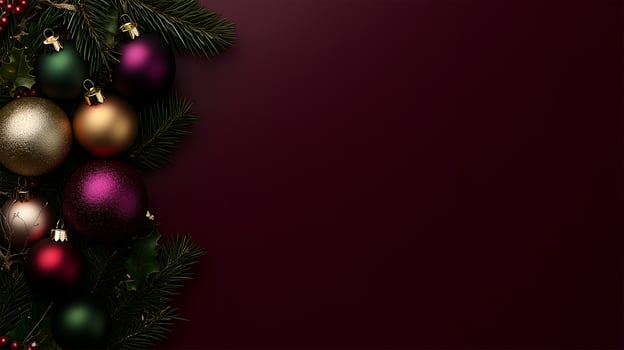 Festive Christmas background with colorful ornaments and greenery for your holiday messages photo