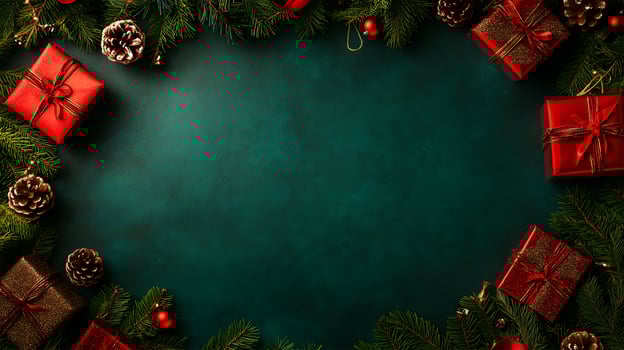Festive Christmas background with red gifts and pine decorations for seasonal greetings photo