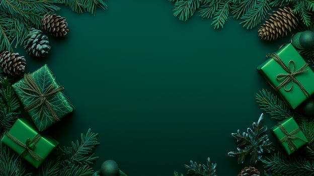Festive green Christmas background with pinecones and gifts, perfect for holiday greetings photo