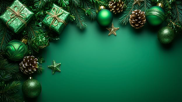 Festive Christmas background with green decorations and space for holiday text photo