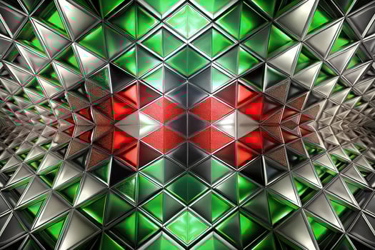 abstract geometric pattern of green, silver, red, and black shapes against a low angle view photo