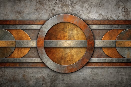 Abstract geometrical art, dark circles, textured background, gray, rust, earth toned, horizontal bands photo