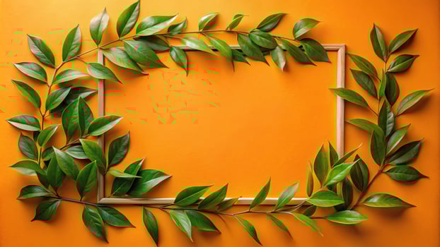 abstract floral background with green leaf frame on orange background photo