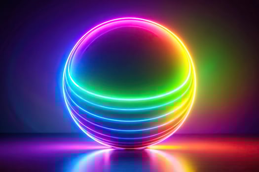 Abstract colorful glowing neon light sphere reflected photo