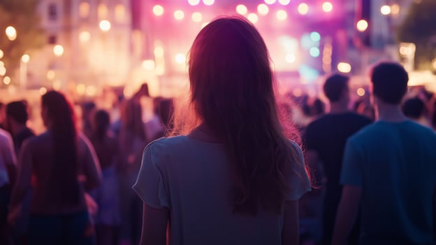 Crowded Outdoor Concert With Bright Stage Lights and Focused Woman, Celebrating Music Under the Evening Sky photo
