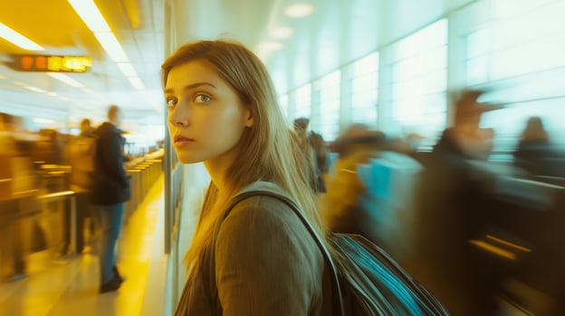 Woman at a Busy Airport Security Line Experiencing Travel Stress Concept Design for Print Poster photo