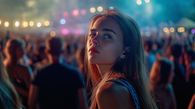 Young Woman with Long Hair at an Outdoor Night Concert, Surrounded by a Vibrant Crowd, Colorful Festival Lighting in the Background photo