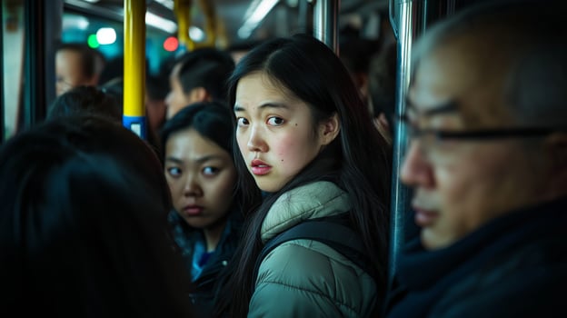 Crowded Public Bus During Rush Hour with Diverse Group of Passengers, Urban Commute Scene, Travel, and Human Interaction photo