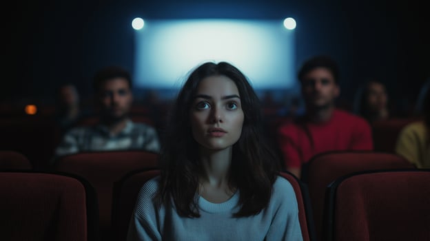 Captivated Woman Watching Movie in Theater, Reflective Moment, Diverse Audience in Background photo