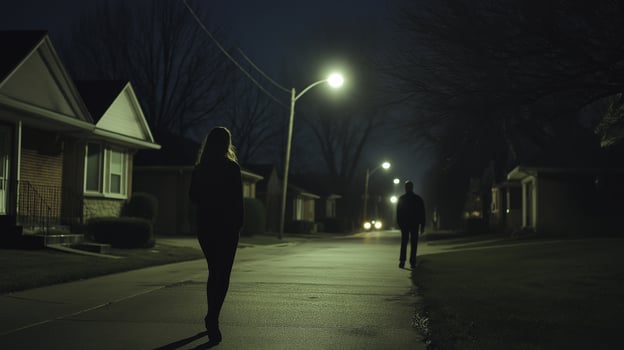 Quiet Suburban Street at Night with a Woman Walking, Serene Neighborhood Scene photo
