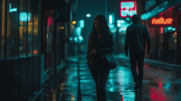 Young Woman Walking on a Dimly Lit Urban Street at Night, Neon Signs and Reflections, Concept of Solitude and Nightlife, Ideal for Cityscape and Emotional Themes photo