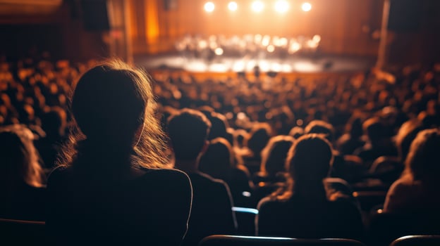 Concert Audience Immersed in Live Performance, Packed Hall, Musical Event, Stage Lights, Diverse Crowd Enjoying Music photo