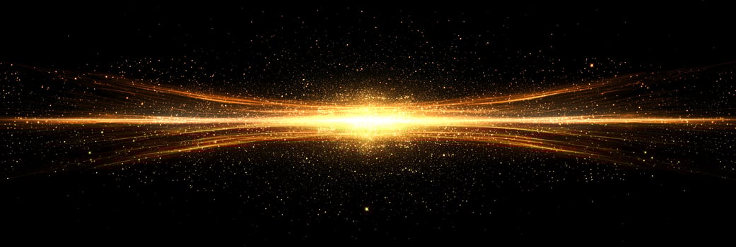 explosion of shimmering golden dust bursts forth, radiating energy as particles spread across a deep black background, evoking a stunning cosmic atmosphere. photo