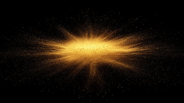 Golden particles erupt in a dazzling explosion, radiating outward with shimmering edges, illuminating the dark backdrop in a stunning cosmic display of energy and light. photo