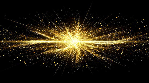 Golden particles radiate outward, creating a mesmerizing explosion against a black backdrop. This cosmic display shimmers intensely, evoking a sense of wonder and brilliance. photo