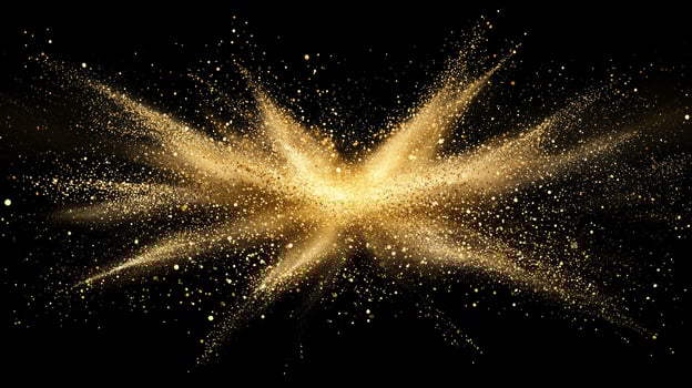 Golden particles explode outward in a dazzling display on a black background, shimmering vibrantly and evoking a sense of cosmic wonder and intensity. photo