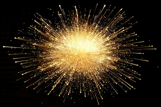Golden particles burst forth in a dazzling display, scattering and glowing brilliantly against the dark background, depicting a high-energy explosion of light and motion. photo