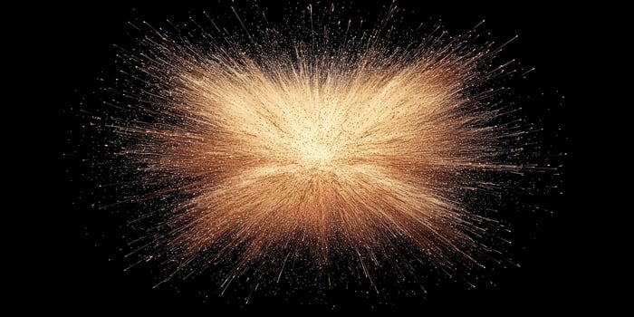 Golden particles explode outward in a captivating display against a black background, creating an energetic and radiant burst resembling a cosmic event. photo