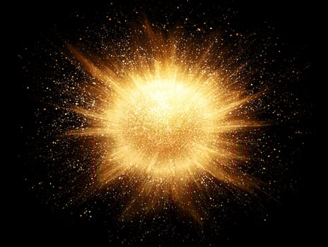 stunning explosion of golden particles bursts into a radiant sphere, dispersing luminous energy across a dark cosmic background, creating an awe-inspiring visual spectacle. photo