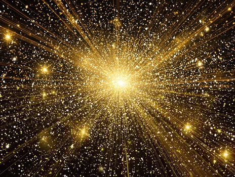Golden particles burst forth in a mesmerizing explosion, forming a glowing sphere of light that radiates cosmic energy, creating a stunning spectacle in the darkness. photo