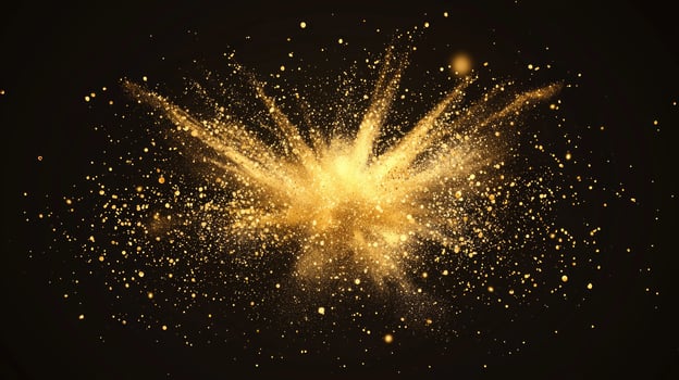 mesmerizing eruption of golden particles radiates from a bright center, dispersing in a wave of energy against a dark backdrop, evoking a cosmic wonder. photo
