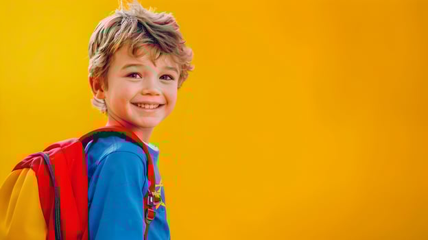 Cheerful Young Boy in Vibrant Superhero Costume Walking with Backpack photo