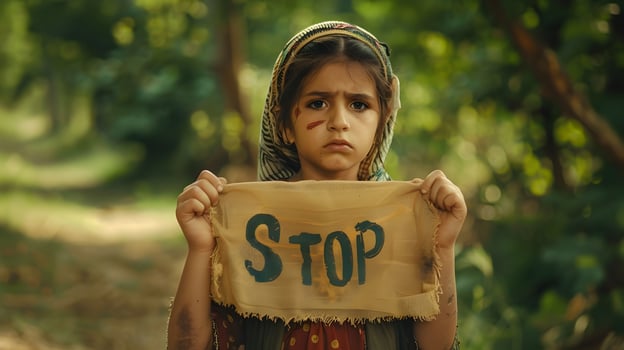 Sad Young Activist Holding Stop War Banner in Nature Filled Setting photo