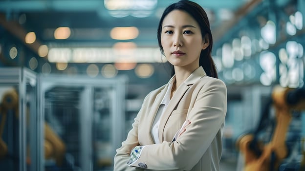 Confident Hallyu Female Project Manager Overseeing Industrial Factory photo