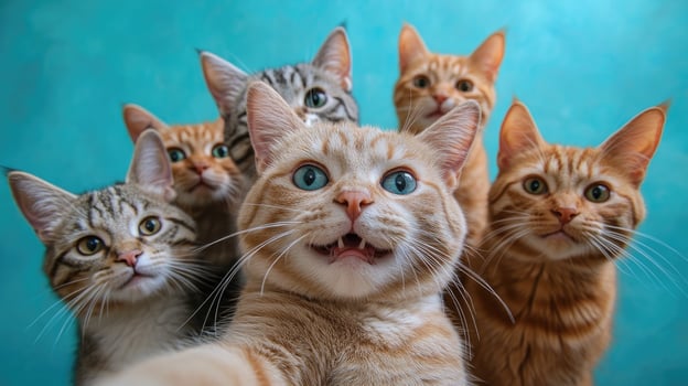 Group of kittens posing on blue background photo