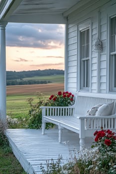 Inviting porch swing overlooking a picturesque farm at sunset photo