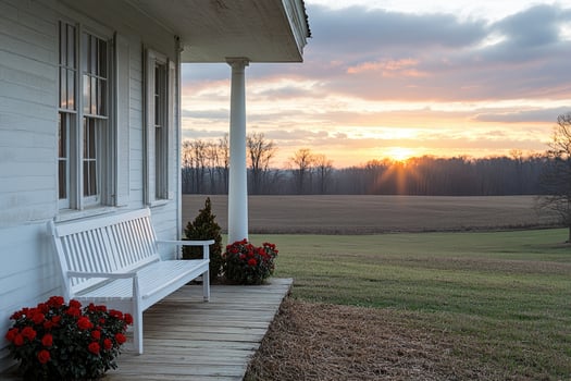 White bench sitting on front porch overlooking sunset on countryside farm photo