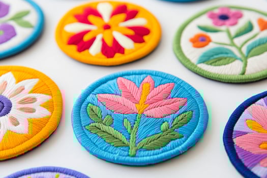 A close-up of colorful embroidered floral patches, each with intricate stitching and vibrant designs photo