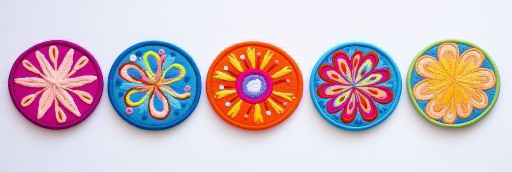 A collection of five vibrant, abstract floral embroidered patches in various colorful designs photo