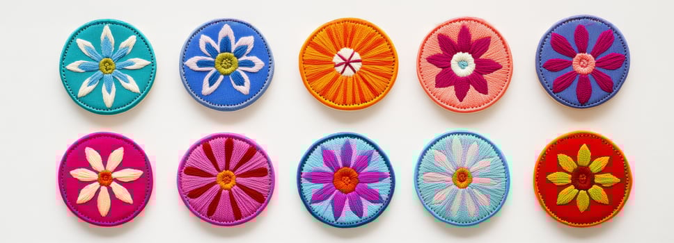 A colorful collection of round embroidered floral patches, each with vibrant, unique designs photo