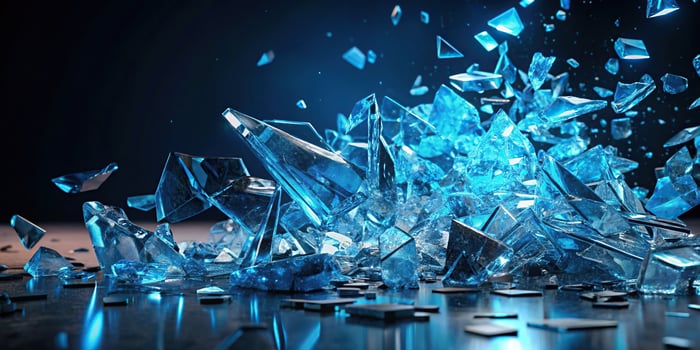 Abstract blue shattered glass pieces against dark background photo