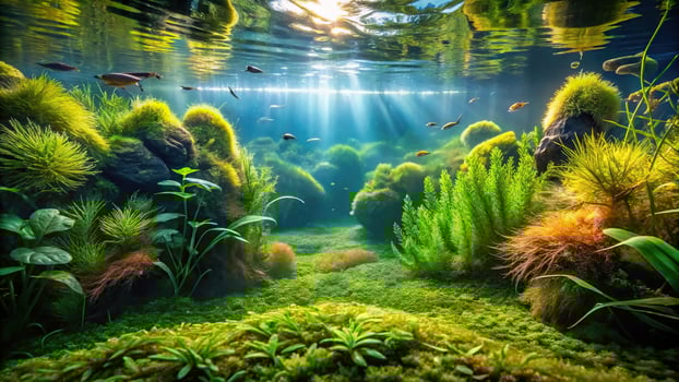 A beautiful underwater image featuring various hydrophytes in focus photo