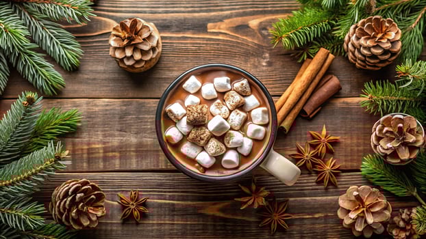 A cozy aerial view of hot chocolate with marshmallows and pine cones photo