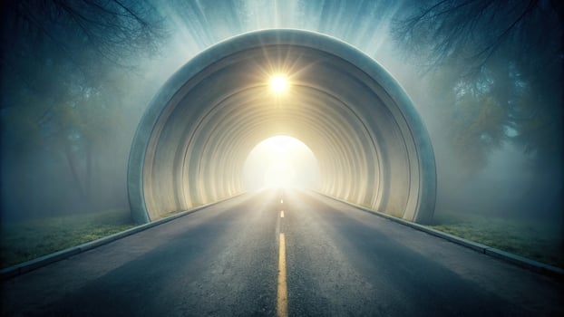 A dreamy tunnel with soft light filtering through mist photo