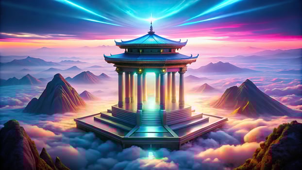 A mesmerizing landscape featuring a holographic temple surrounded by duckies photo